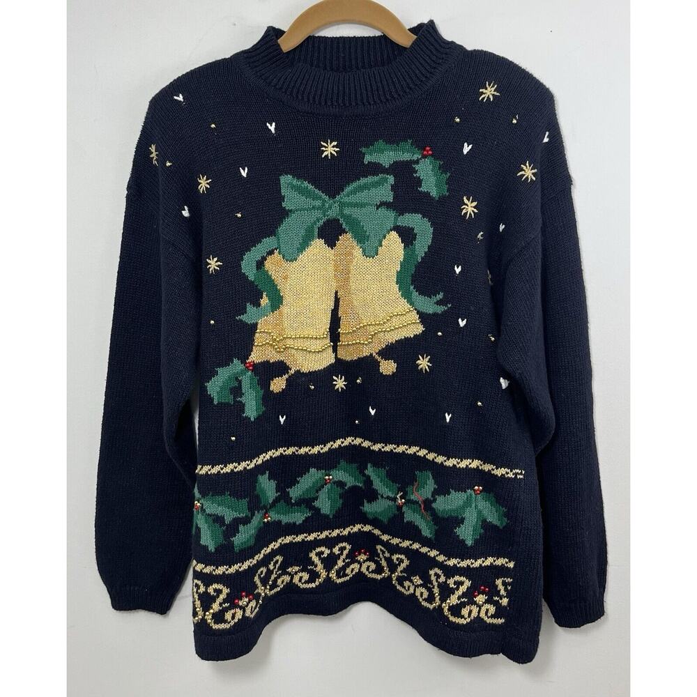 Vtg Panther Ugly Christmas Sweater Black Gold Bows Holiday Holly Medium Green